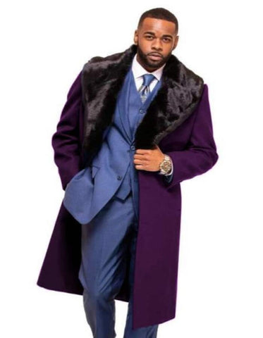 Mens Overcoat - Topcoat For Men - Winter Fabric - Purple Overcoat ~ Long men's Dress Topcoat - Winter coat With Fur Collar And Wool Fabric - Men's Tuxedo USA