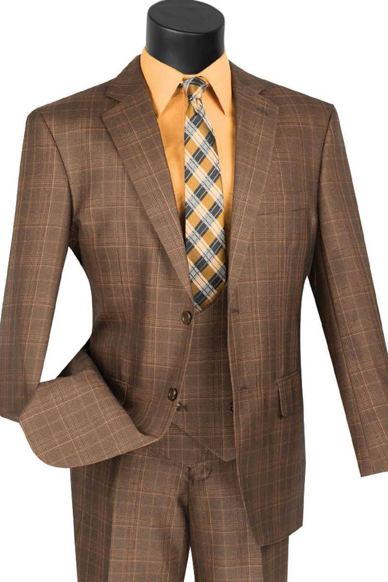 Mens Brown Windowpane Plaid 3-Piece Suit – Two-Button Peak Lapel Classic Ensemble