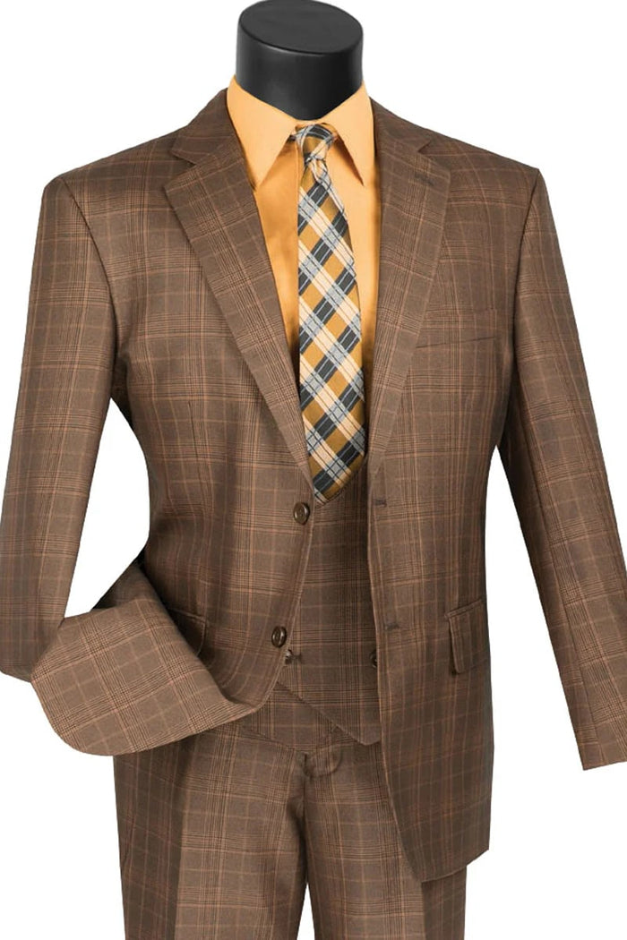 Men’s Brown Windowpane Plaid 3 Piece Suit, Two Button Peak Lapel Classic Formal Suit Set
