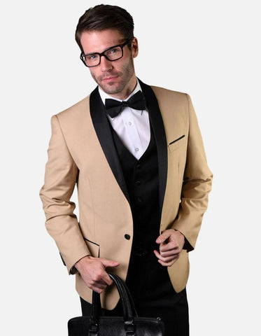 Statement Men's Champagne with Black Lapel Vested 100% Wool Tuxedo
