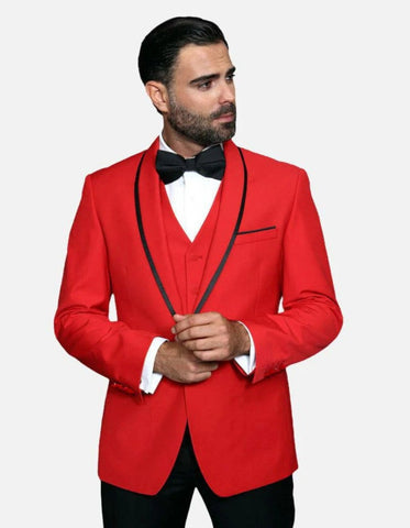 Statement Men's Red Vested with Black Trim Fine Lapel 100% Wool Tuxedo
