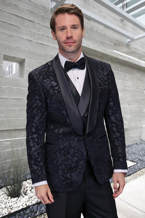 Men's Black Paisley Velvet Smoking Jacket Tuxedo with Vested Double Breasted Prom & Wedd