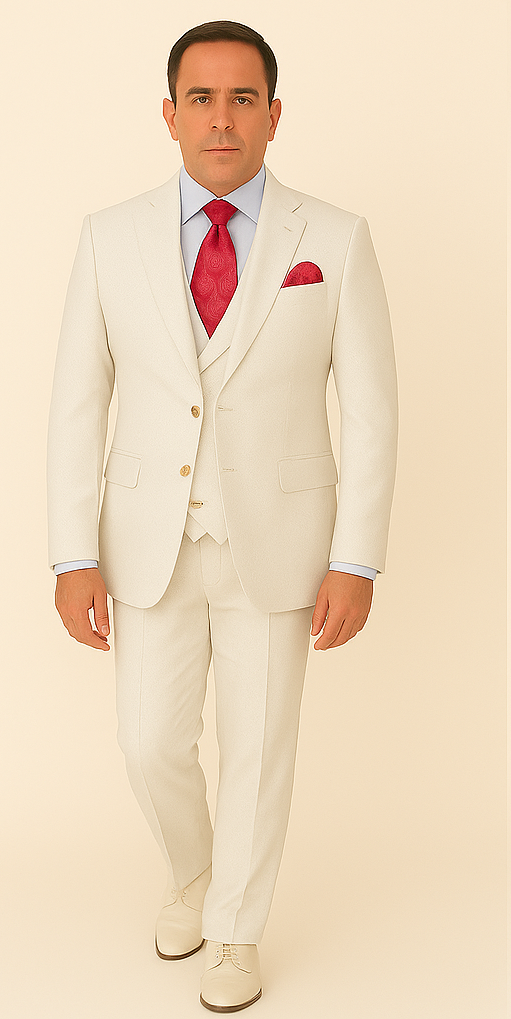 Rossi Man Slim Fit 3-Piece White Suit ?? Peak Lapel, Double-Breasted Vest & Flat Front Pants