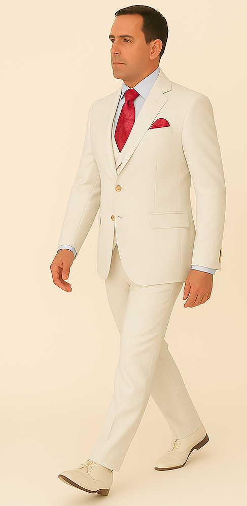Rossi Man Slim Fit 3-Piece White Suit ?? Peak Lapel, Double-Breasted Vest & Flat Front Pants