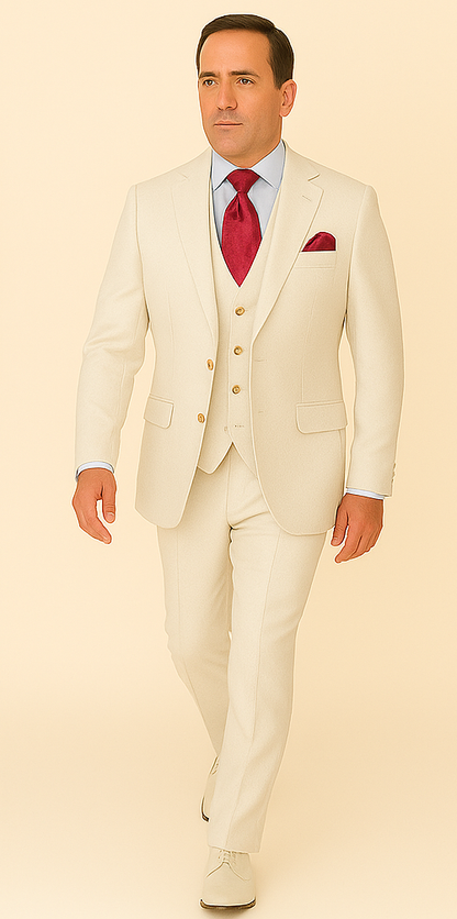 Rossi Man Slim Fit 3-Piece White Suit ?? Peak Lapel, Double-Breasted Vest & Flat Front Pants