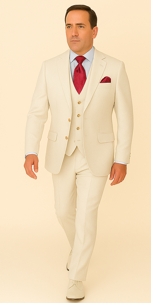 Rossi Man Slim Fit 3-Piece White Suit ?? Peak Lapel, Double-Breasted Vest & Flat Front Pants