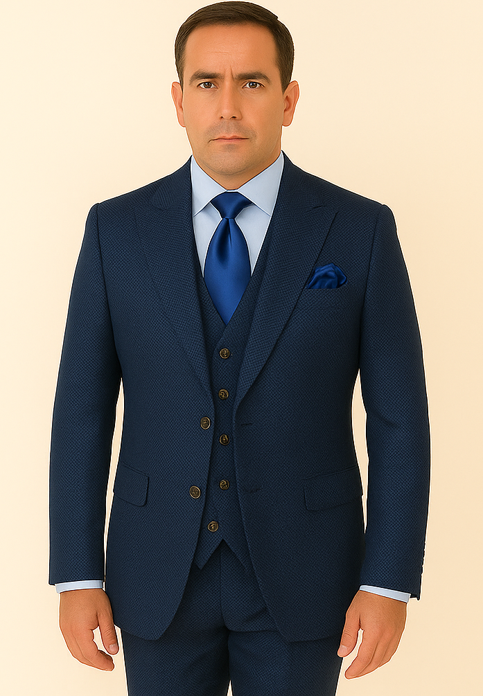 Rossi Man BOND RM1752 Slim Fit 3-Piece Navy Suit ?? 1-Button Peak Lapel, Double-Breasted Vest & Flat Front Pants