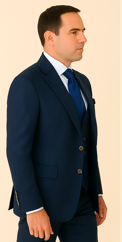 Rossi Man BOND RM1752 Slim Fit 3-Piece Navy Suit ?? 1-Button Peak Lapel, Double-Breasted Vest & Flat Front Pants