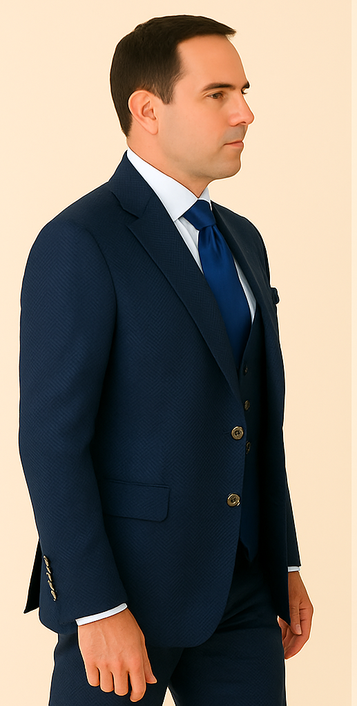 Rossi Man BOND RM1752 Slim Fit 3-Piece Navy Suit ?? 1-Button Peak Lapel, Double-Breasted Vest & Flat Front Pants