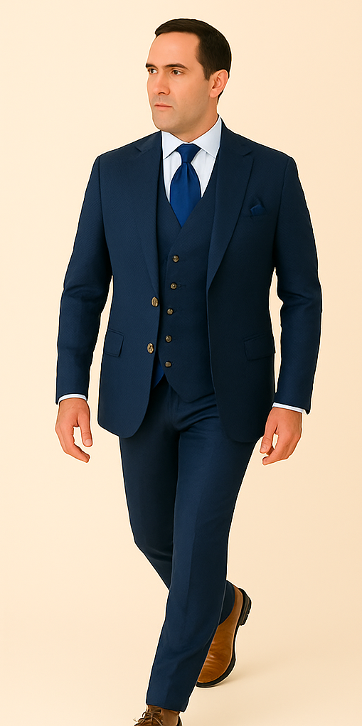Rossi Man BOND RM1752 Slim Fit 3-Piece Navy Suit ?? 1-Button Peak Lapel, Double-Breasted Vest & Flat Front Pants