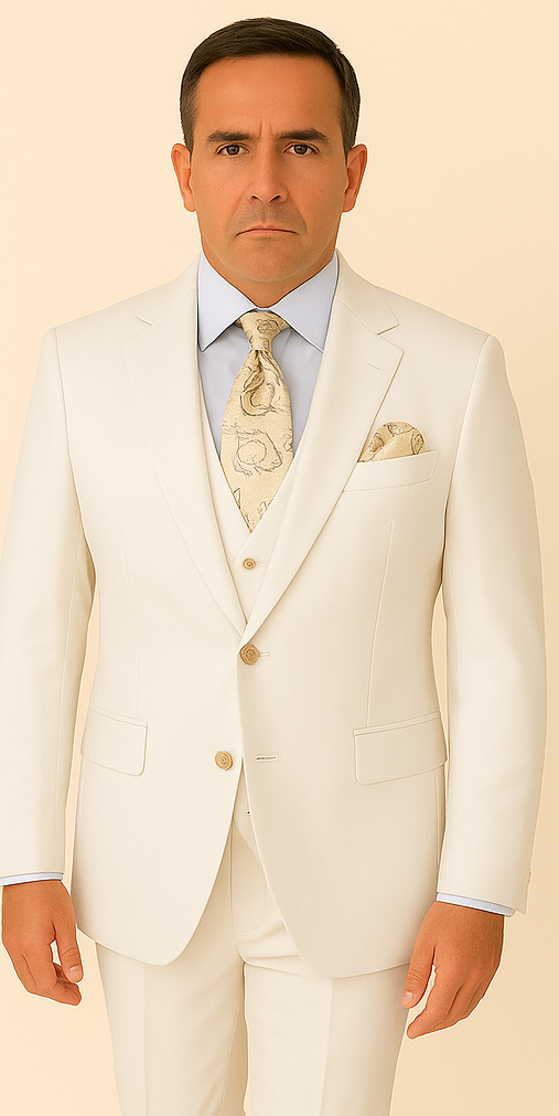 Rossi Man BOND RM1770 Slim Fit 3-Piece White Suit 1-Button Peak Lapel, Stylish Mens Formalwear