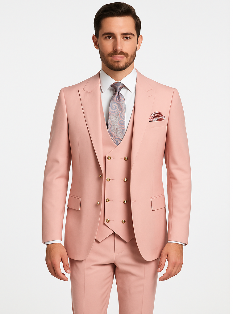 Rossi Man MAX RM1203 Slim Fit 3-Piece Suit ?? Stylish Solid Pink Formalwear for Men