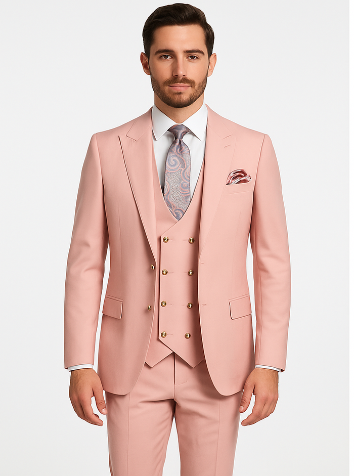 Rossi Man MAX RM1203 Slim Fit 3-Piece Suit ?? Stylish Solid Pink Formalwear for Men