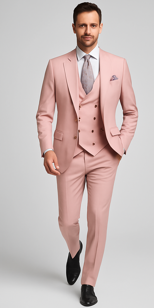 Rossi Man MAX RM1203 Slim Fit 3-Piece Suit ?? Stylish Solid Pink Formalwear for Men