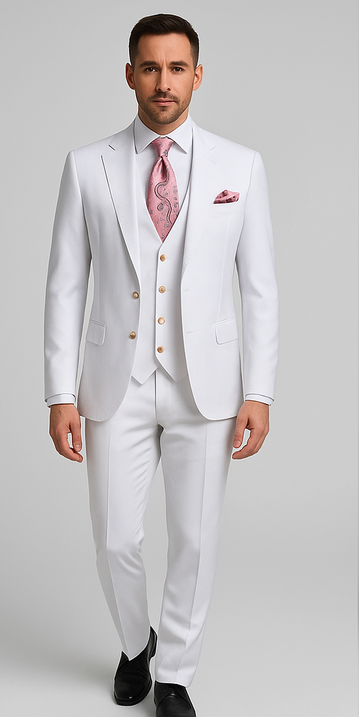 Rossi Man MAX RM1374 Slim Fit 3-Piece Suit ?? Elegant Solid White Formalwear for Men