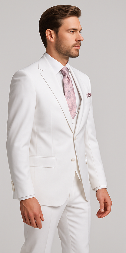 Rossi Man MAX RM1374 Slim Fit 3-Piece Suit ?? Elegant Solid White Formalwear for Men