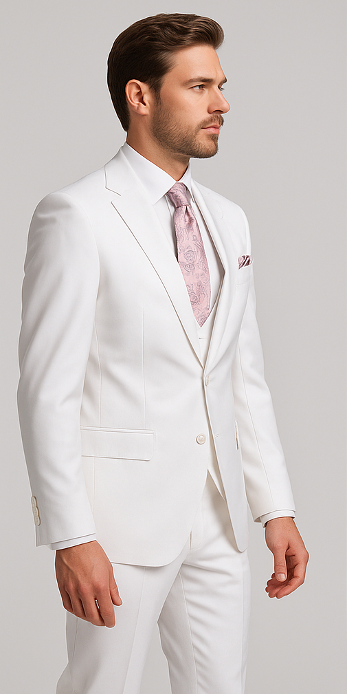 Rossi Man MAX RM1374 Slim Fit 3-Piece Suit ?? Elegant Solid White Formalwear for Men