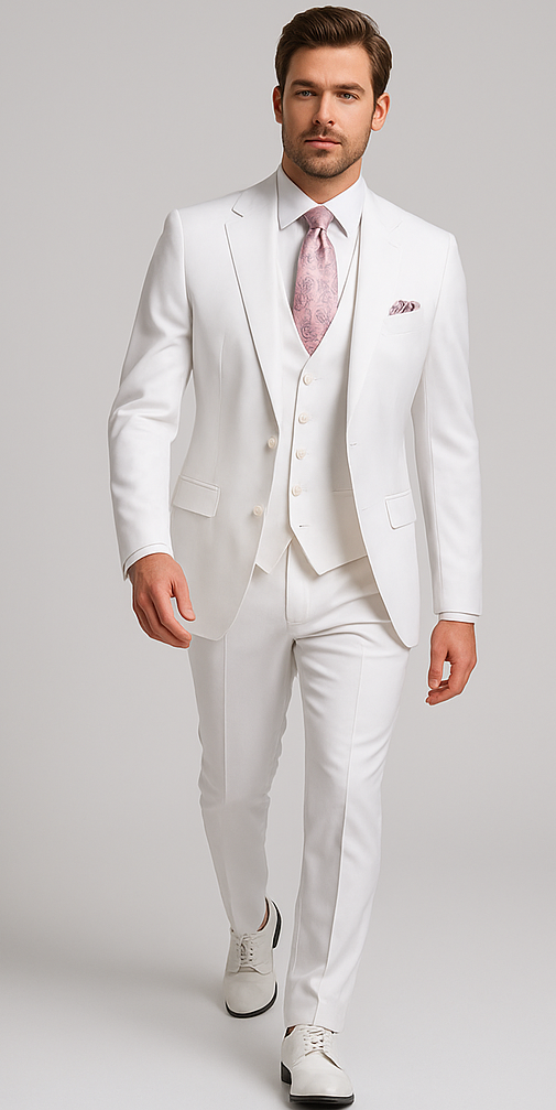 Rossi Man MAX RM1374 Slim Fit 3-Piece Suit ?? Elegant Solid White Formalwear for Men