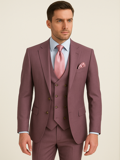 Rossi Man MAX RM1381 Slim Fit 3-Piece Suit ?? Modern Tailored Solid Raspberry Suit for Men