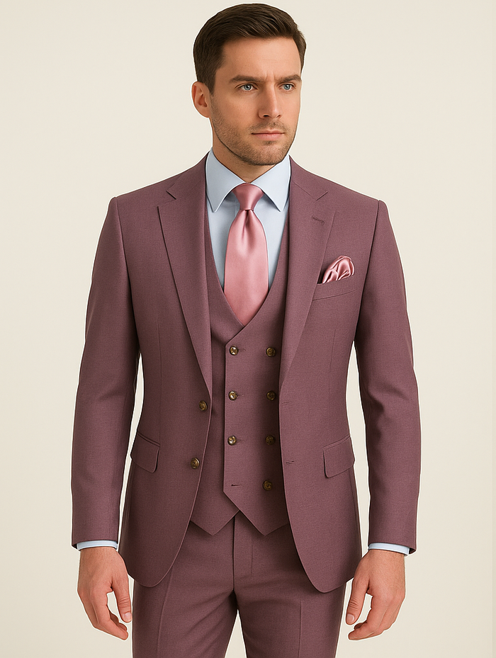 Rossi Man MAX RM1381 Slim Fit 3-Piece Suit ?? Modern Tailored Solid Raspberry Suit for Men