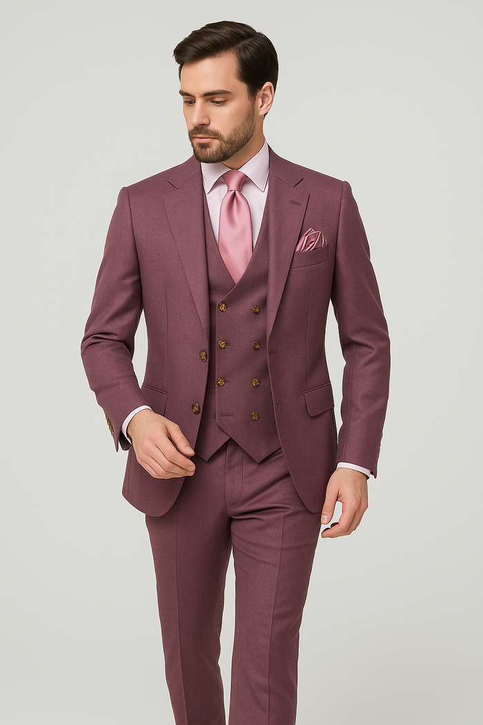 Rossi Man MAX RM1381 Slim Fit 3-Piece Suit ?? Modern Tailored Solid Raspberry Suit for Men