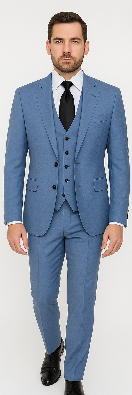 Rossi Man MAX RM1387 Slim Fit 3-Piece Suit ?? Stylish Solid Blue Formalwear for Men