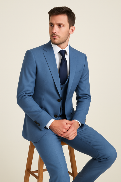 Rossi Man MAX RM1387 Slim Fit 3-Piece Suit ?? Stylish Solid Blue Formalwear for Men