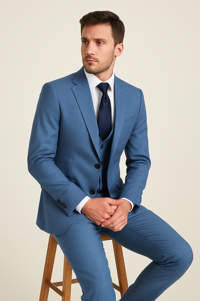 Rossi Man MAX RM1387 Slim Fit 3-Piece Suit ?? Stylish Solid Blue Formalwear for Men