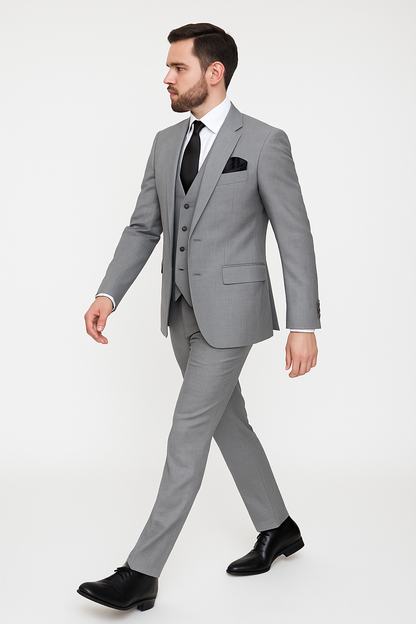 Rossi Man MAX RM1389 Slim Fit 3-Piece Suit ?? Elegant Solid Grey Formalwear for Men