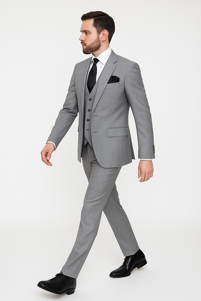 Rossi Man MAX RM1389 Slim Fit 3-Piece Suit ?? Elegant Solid Grey Formalwear for Men