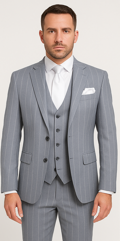 Rossi Man MAX RM1726 Slim Fit 3-Piece Suit ?? Elegant Grey Pinstripe Formal Suit for Men