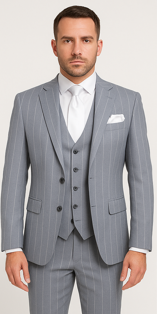 Rossi Man MAX RM1726 Slim Fit 3-Piece Suit ?? Elegant Grey Pinstripe Formal Suit for Men