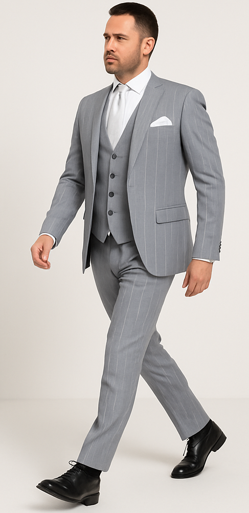 Rossi Man MAX RM1726 Slim Fit 3-Piece Suit ?? Elegant Grey Pinstripe Formal Suit for Men