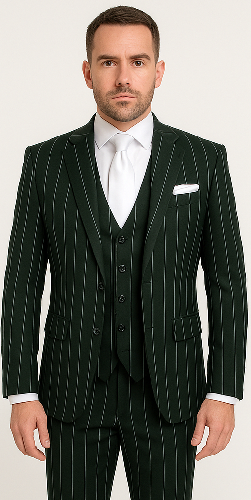 Rossi Man MAX RM1727 Slim Fit 3-Piece Suit ?? Stylish Tailored Green Pinstripe Suit for Men