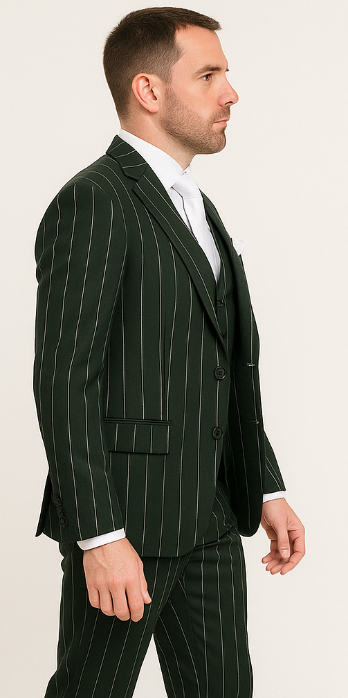 Rossi Man MAX RM1727 Slim Fit 3-Piece Suit ?? Stylish Tailored Green Pinstripe Suit for Men