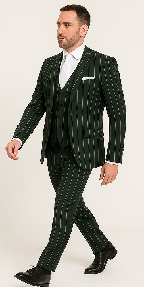 Rossi Man MAX RM1727 Slim Fit 3-Piece Suit ?? Stylish Tailored Green Pinstripe Suit for Men
