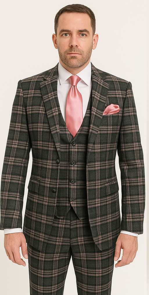 Rossi Man MAX RM1739 Slim Fit 3-Piece Suit ?? Stylish Black and Pink Tailored Suit for Men