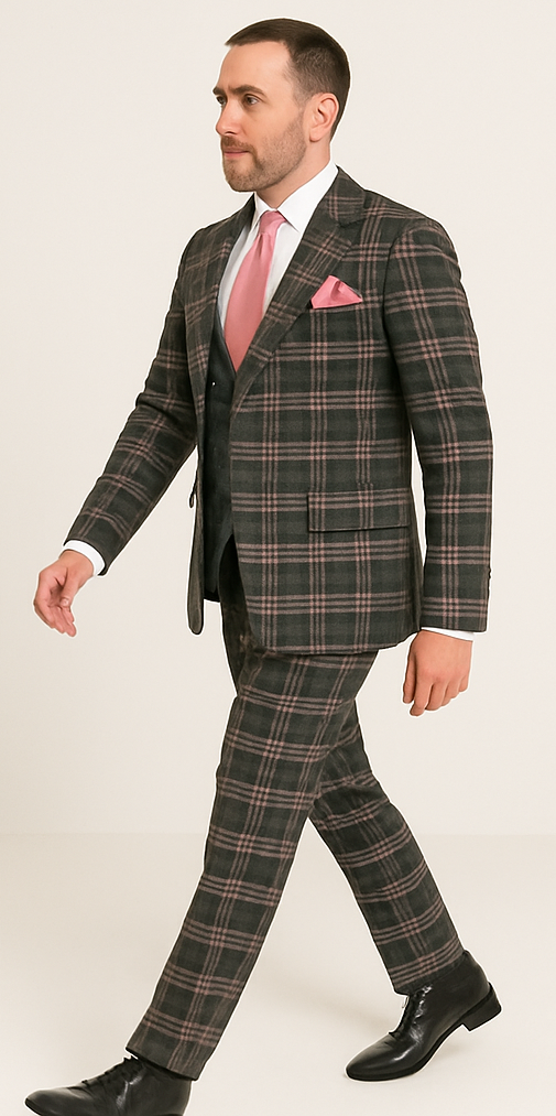 Rossi Man MAX RM1739 Slim Fit 3-Piece Suit ?? Stylish Black and Pink Tailored Suit for Men