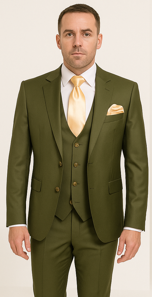 Rossi Man MAX RM1775 Slim Fit 3-Piece Suit ?? Sophisticated Tailored Olive Green Suit for Men