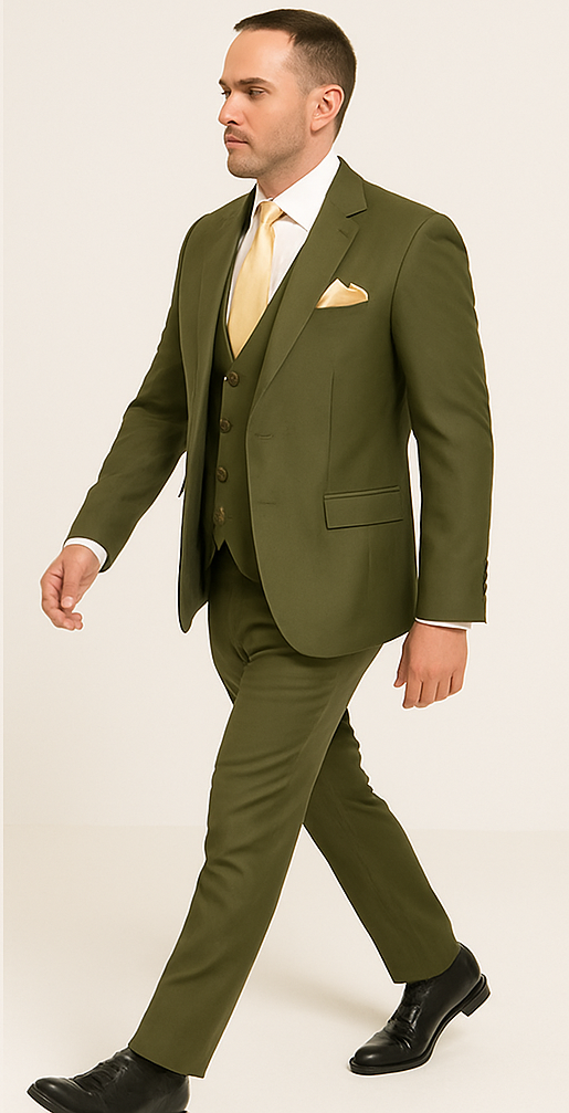 Rossi Man MAX RM1775 Slim Fit 3-Piece Suit ?? Sophisticated Tailored Olive Green Suit for Men