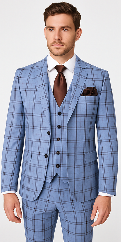 Rossi Man MAX RM1822 Slim Fit 3-Piece Suit ?? Premium Light Blue & Brown Plaid Formal Suit for Men