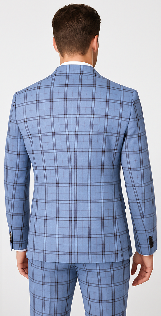 Rossi Man MAX RM1822 Slim Fit 3-Piece Suit ?? Premium Light Blue & Brown Plaid Formal Suit for Men