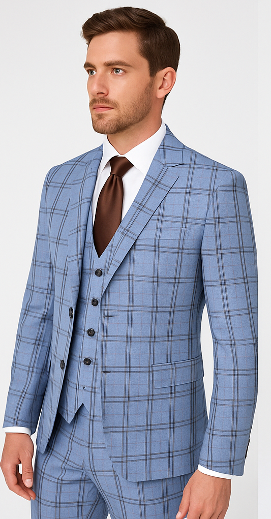 Rossi Man MAX RM1822 Slim Fit 3-Piece Suit ƒ?? Premium Light Blue & Brown Plaid Formal Suit for Men