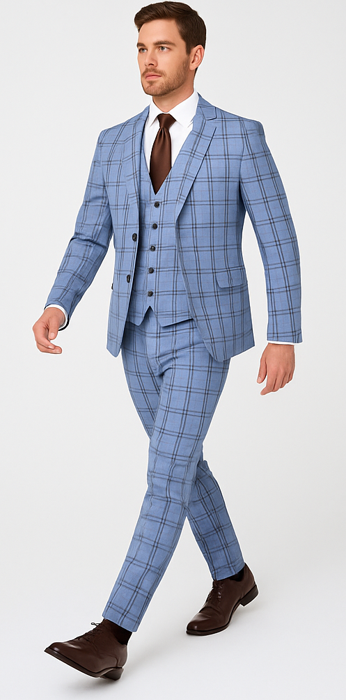 Rossi Man MAX RM1822 Slim Fit 3-Piece Suit ƒ?? Premium Light Blue & Brown Plaid Formal Suit for Men