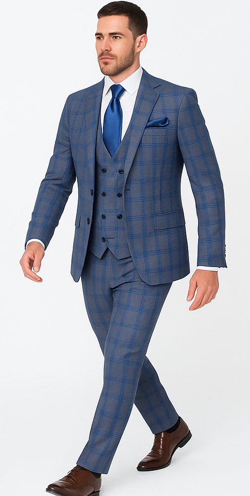 Rossi Man MAX RM1823 Slim Fit 3-Piece Blue Plaid Suit Tailored for Weddings & Business