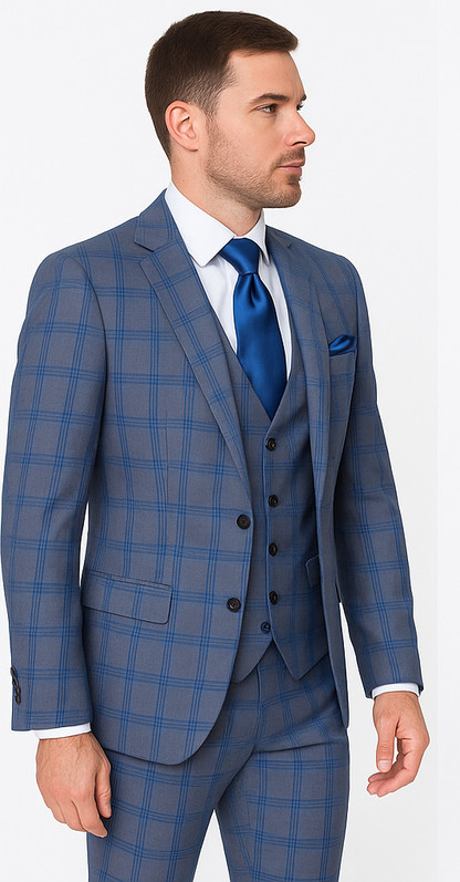 Rossi Man MAX RM1823 Slim Fit 3-Piece Blue Plaid Suit Tailored for Weddings & Business