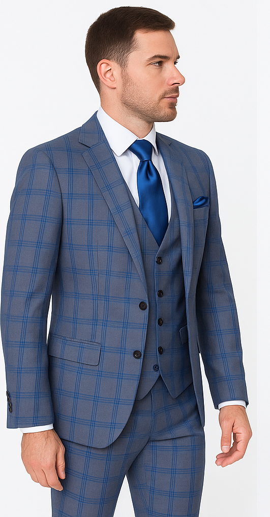 Rossi Man MAX RM1823 Slim Fit 3-Piece Blue Plaid Suit Tailored for Weddings & Business