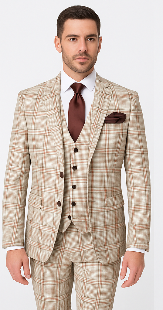 Rossi Man MAX RM1824 Slim Fit 3-Piece Light Brown Suit ƒ?? Elegant Formalwear for Men