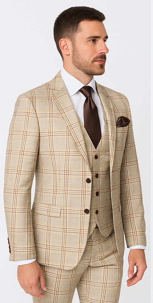 Rossi Man MAX RM1824 Slim Fit 3-Piece Light Brown Suit ƒ?? Elegant Formalwear for Men