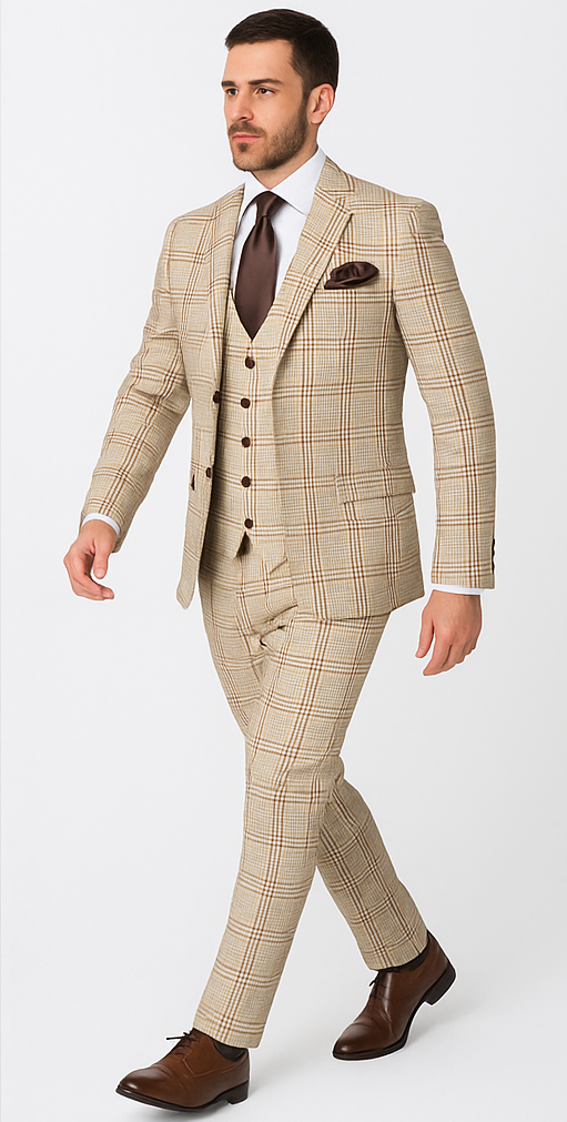 Rossi Man MAX RM1824 Slim Fit 3-Piece Light Brown Suit ƒ?? Elegant Formalwear for Men
